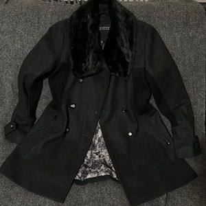 Black guess pea coat. Fur collar size large